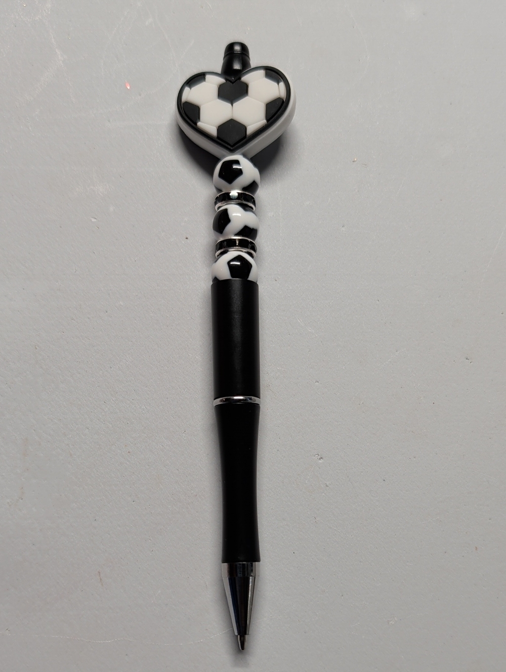Hand Crafted Black & White Soccer Heart Beaded Pen